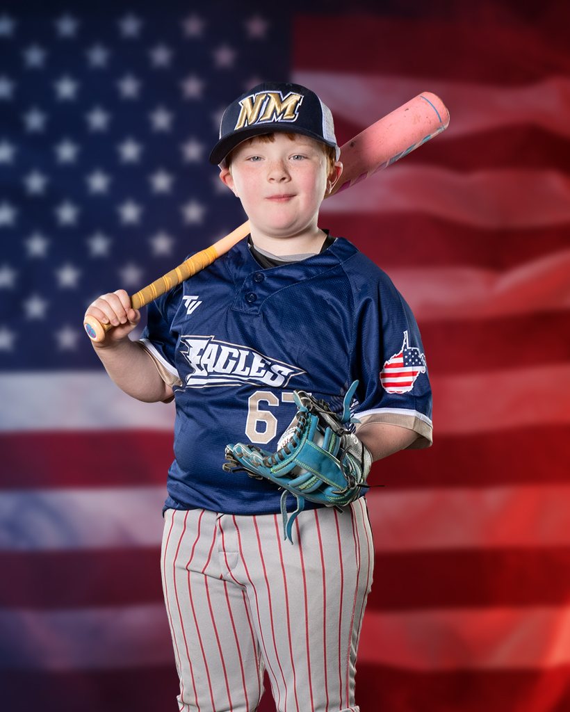 Athlete media-day portrait with flag backdrop